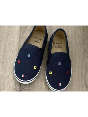 Janie and Jack Navy Blue Slip-On Canvas Shoes with Nautical Flags Toddler size 8